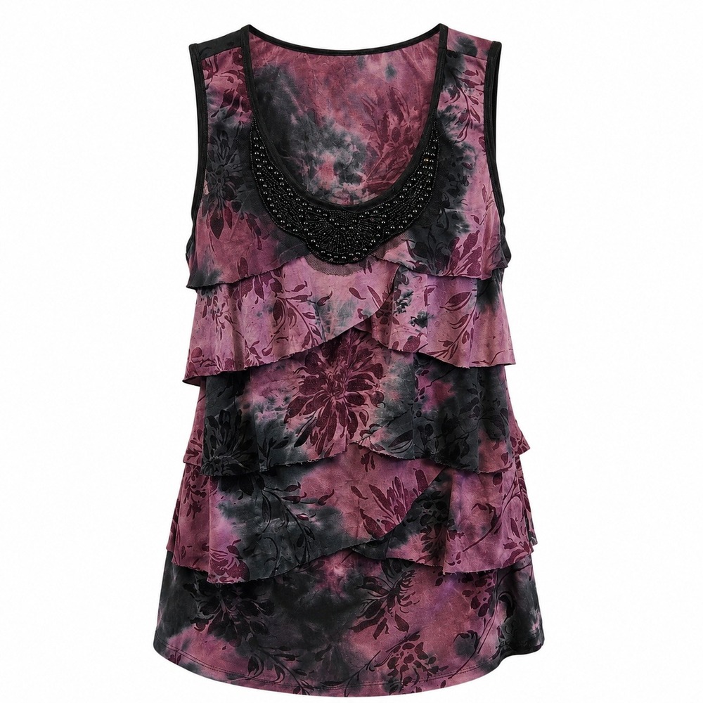 Y2K Whimsigoth PM Purple Floral Tie Dye Tiered Ruffle Beaded Scoop Neck Tank Top